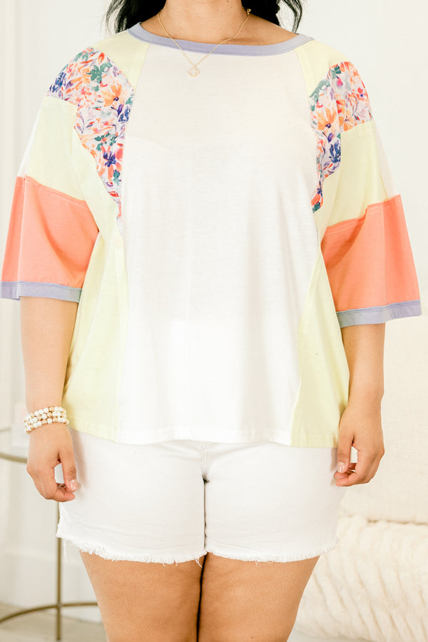 Chic Soul plus size clothing, white multi-color half sleeve top with floral detail on the top of the shoulders 