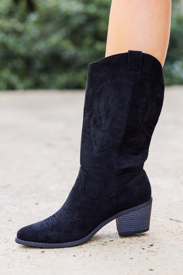 Chic Soul plus size clothing, black calf-length cowboy boots with black heel and black stitching 