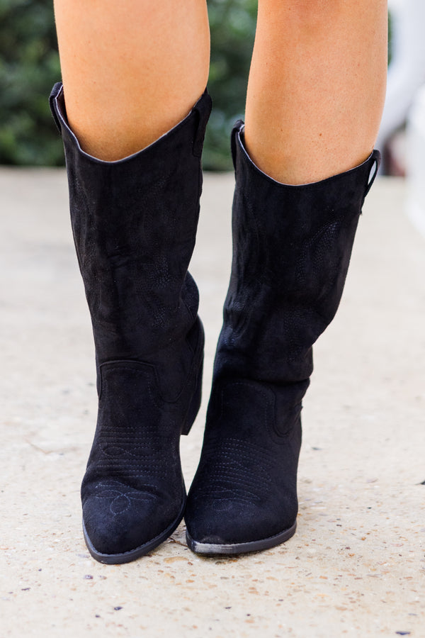 Chic Soul plus size clothing, black calf-length cowboy boots with black heel and black stitching 