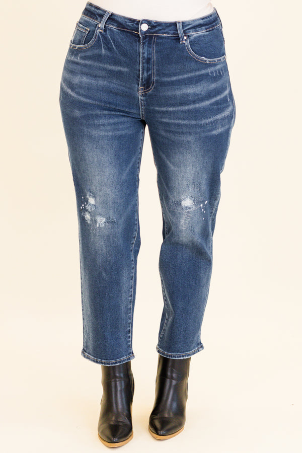 Chic Soul plus size clothing, mid-waisted dark wash denim straight cropped jeans with subtle distressed detailing on knees and silver button detailing