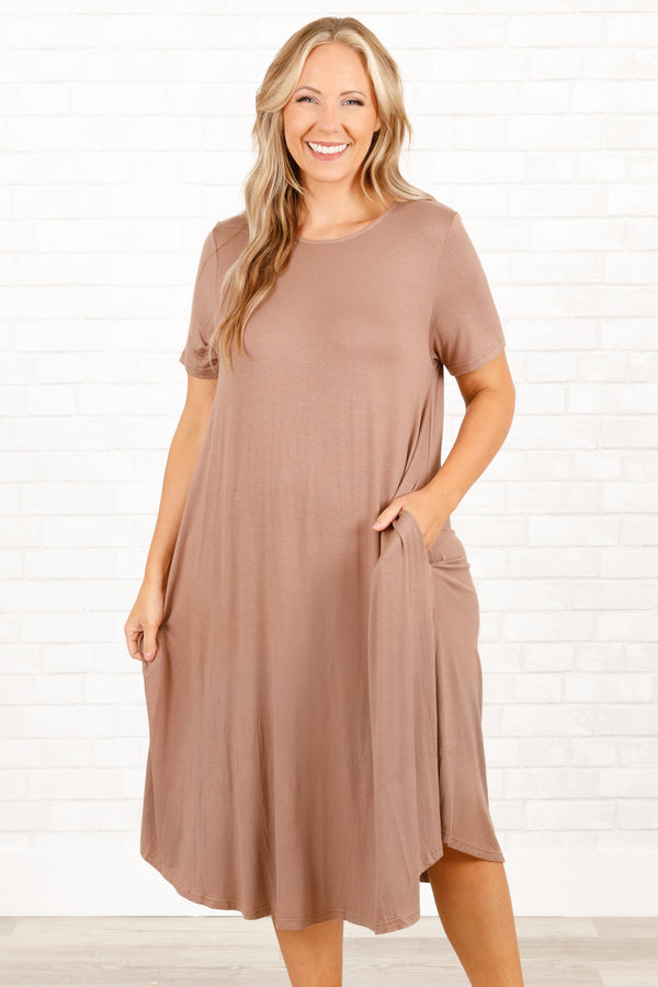 Chic Soul plus size clothing, mocha short sleeves midi dress with pockets