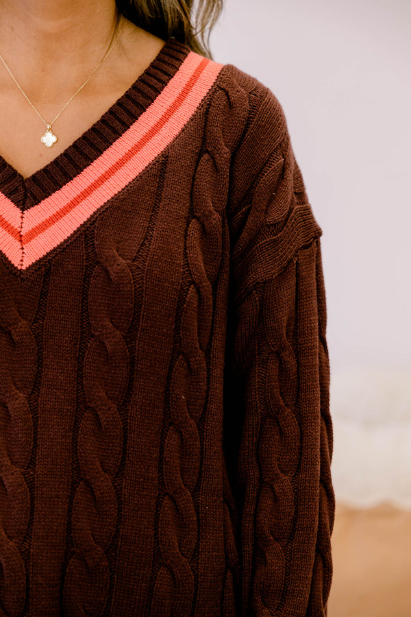Chic Soul plus size clothing, brown knit v neckline sweater with orange stripe around the neckline, hem, and sleeves