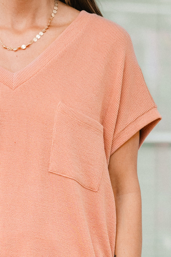 Chic Soul plus size clothing, orange coral solid short sleeve top with left breast pocket