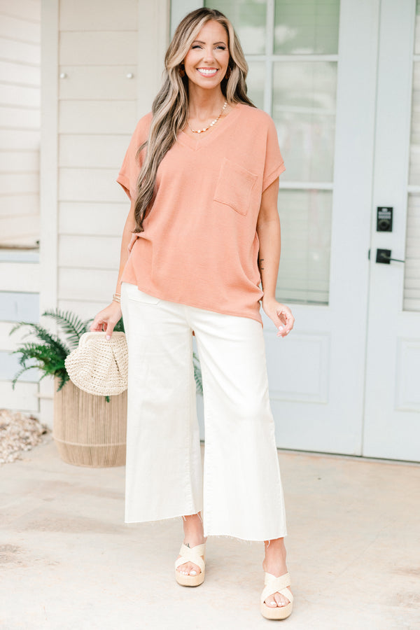 Chic Soul plus size clothing, orange coral solid short sleeve top with left breast pocket