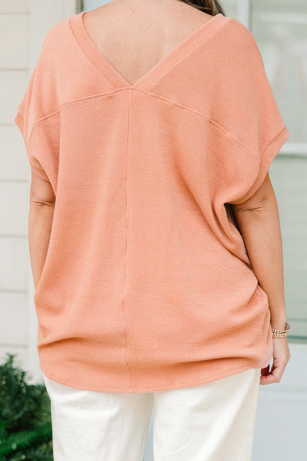 Chic Soul plus size clothing, orange coral solid short sleeve top with left breast pocket