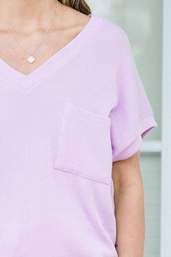 Chic Soul plus size clothing, short-sleeve lavender purple top with a pocket on the bodice and a v-neckline 