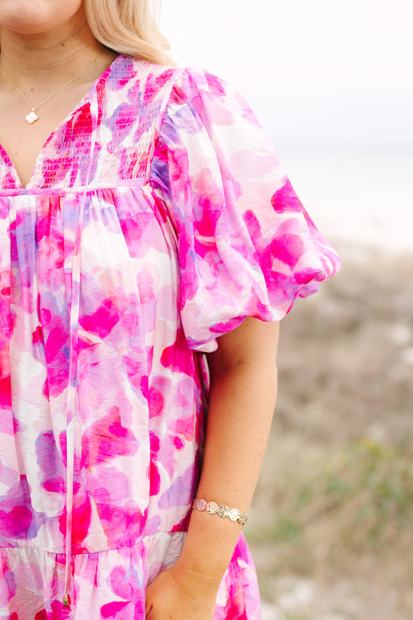 Chic Soul plus size clothing, hot pink muti tone water color floral print short puff sleeve baby doll dress