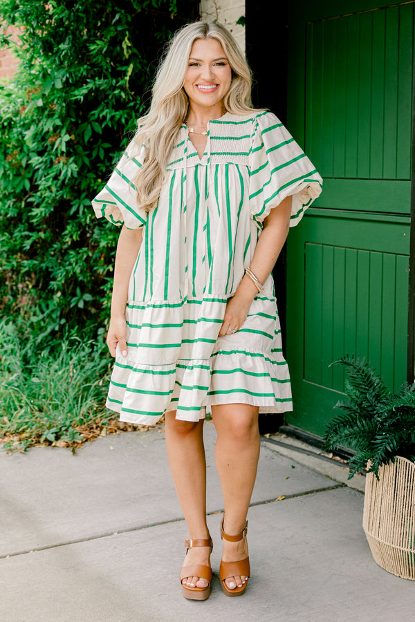 Chic Soul plus size clothing, ivory short-bubble sleeve string tie shallow v-neck babydoll dress with green stripes