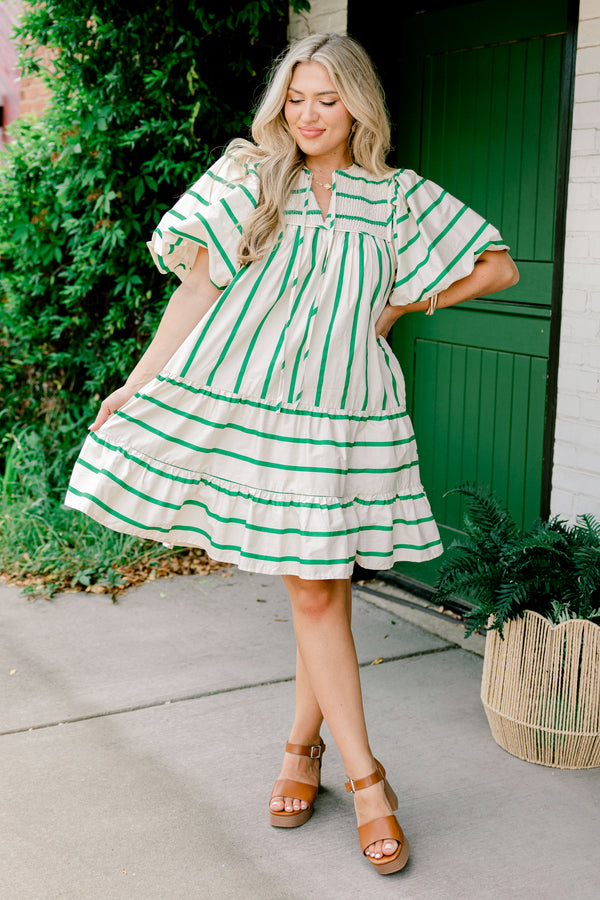 Chic Soul plus size clothing, ivory short-bubble sleeve string tie shallow v-neck babydoll dress with green stripes
