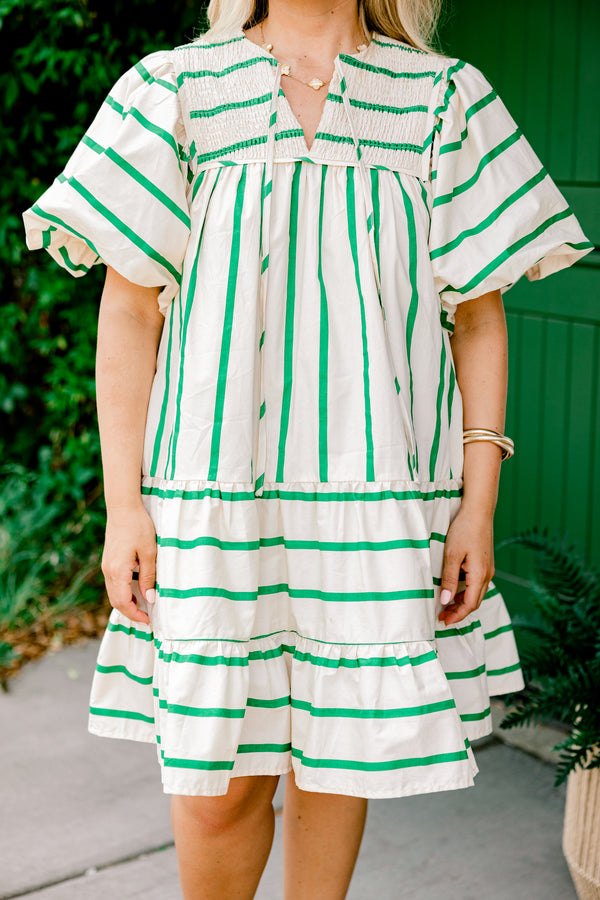 Chic Soul plus size clothing, ivory short-bubble sleeve string tie shallow v-neck babydoll dress with green stripes