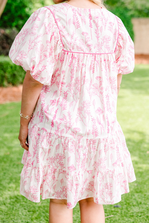 Chic Soul plus size clothing, short-puffed-sleeve pink and white floral baby doll dress