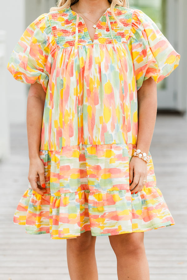Chic Soul plus size clothing, short sleeve watercolor mini dress with puff sleeves with tiered detail at the bottom with smocked chest detail with tie neckline detail