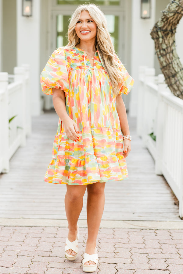 Chic Soul plus size clothing, short sleeve watercolor mini dress with puff sleeves with tiered detail at the bottom with smocked chest detail with tie neckline detail