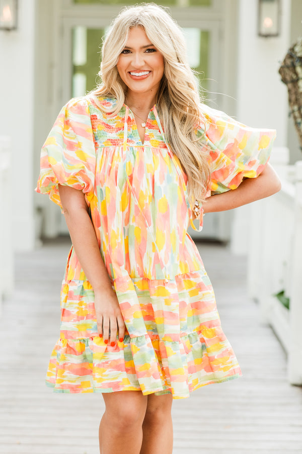 Chic Soul plus size clothing, short sleeve watercolor mini dress with puff sleeves with tiered detail at the bottom with smocked chest detail with tie neckline detail