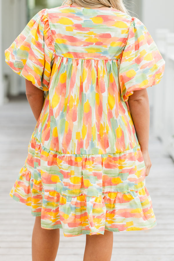 Chic Soul plus size clothing, short sleeve watercolor mini dress with puff sleeves with tiered detail at the bottom with smocked chest detail with tie neckline detail