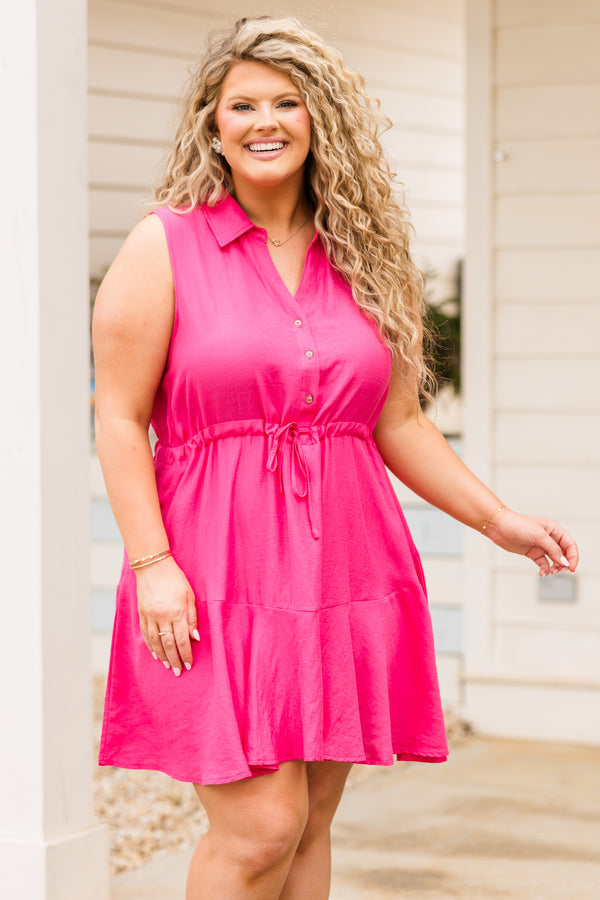 Chic Soul plus size clothing, collared pink short dress with cinched waist tie