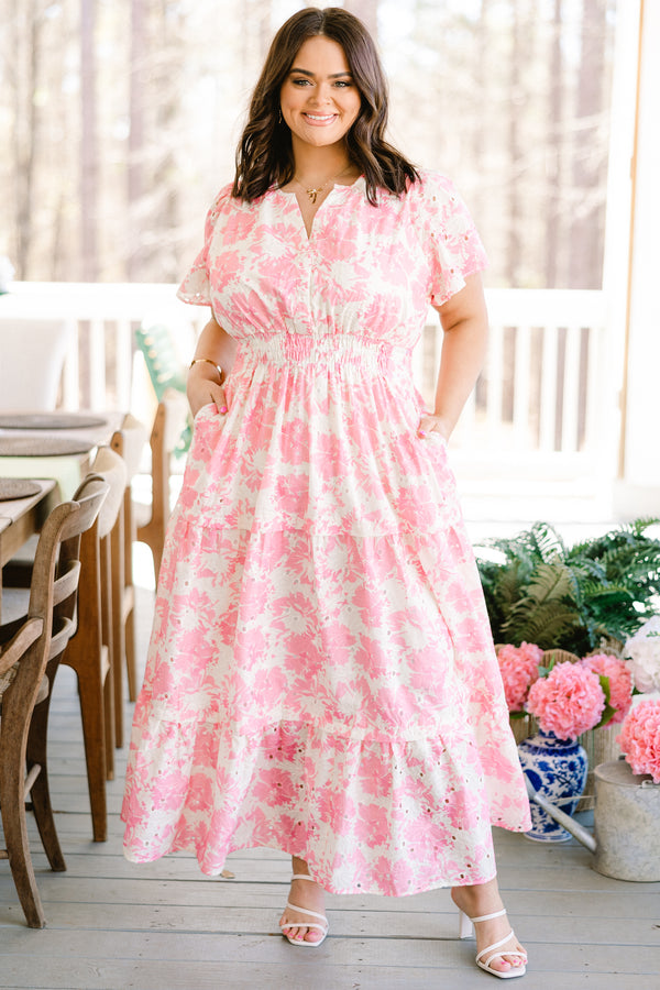 Chic Soul plus size clothing, white and pink floral print maxi dress with elastic waistband and tiered skirt