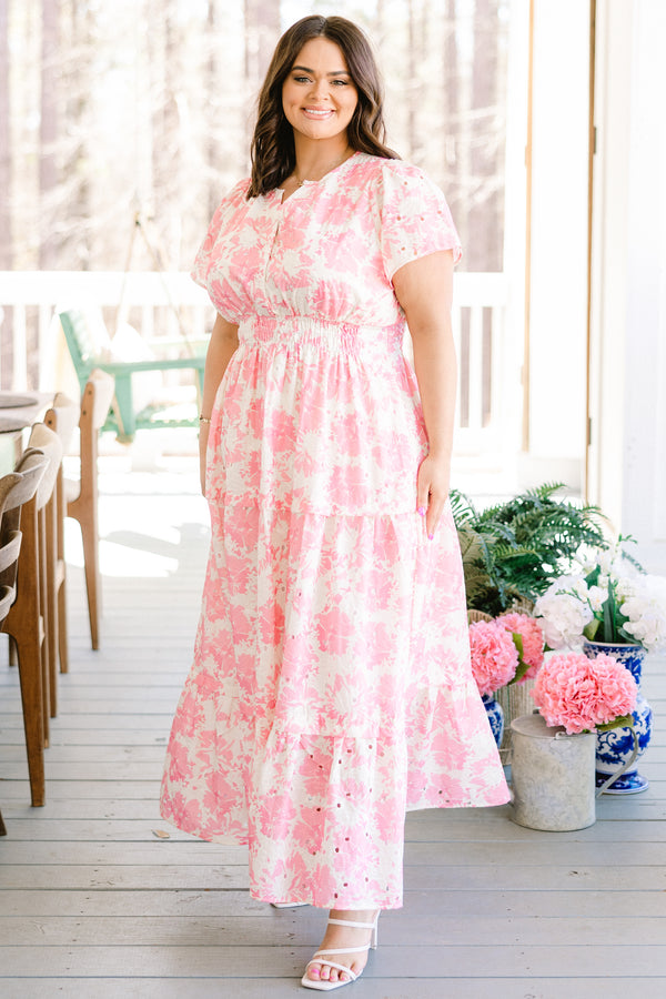 Chic Soul plus size clothing, white and pink floral print maxi dress with elastic waistband and tiered skirt
