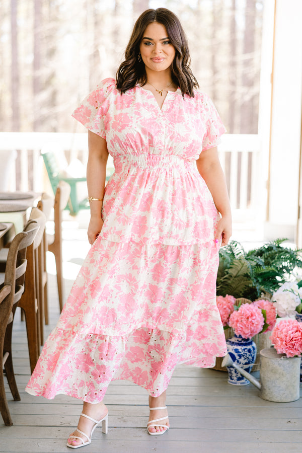Chic Soul plus size clothing, white and pink floral print maxi dress with elastic waistband and tiered skirt