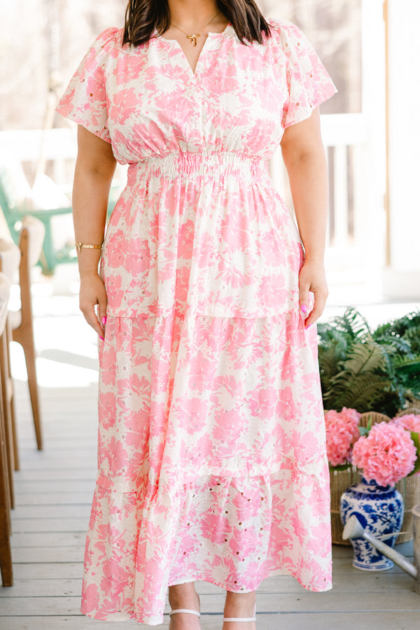 Chic Soul plus size clothing, white and pink floral print maxi dress with elastic waistband and tiered skirt