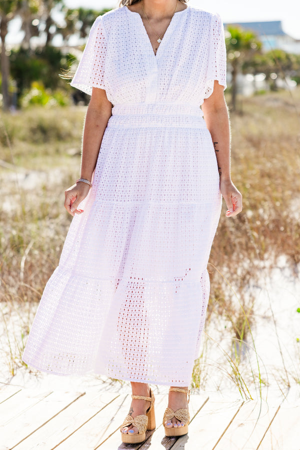 Chic Soul plus size clothing, white short sleeve maxi dress with embroidered eyelet texture and V-neck