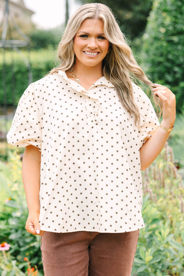 Plus size short sleeve cream top with brown polka dots