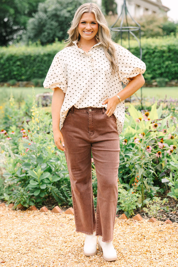 Plus size short sleeve cream top with brown polka dots