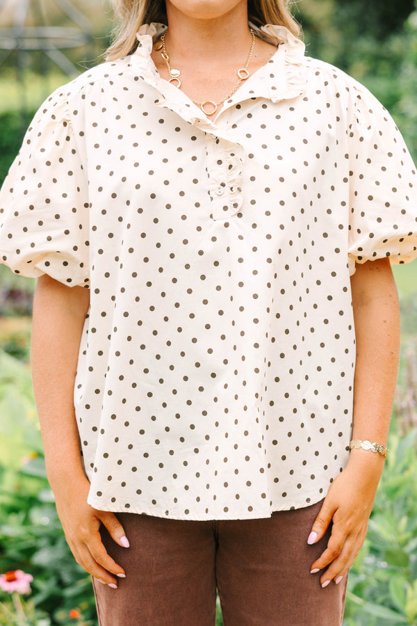 Plus size short sleeve cream top with brown polka dots