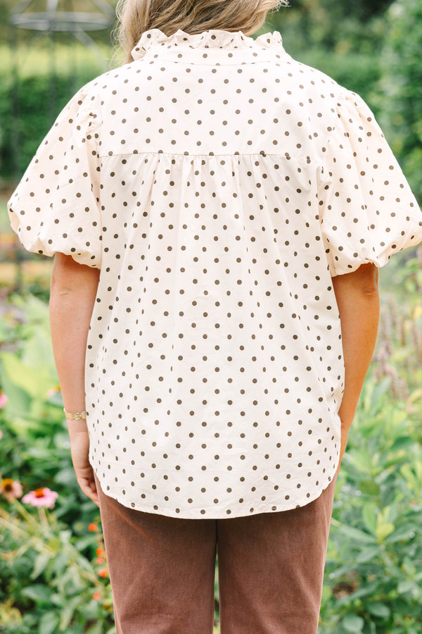 Plus size short sleeve cream top with brown polka dots