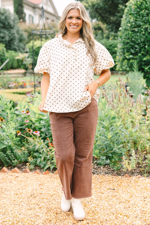Plus size short sleeve cream top with brown polka dots