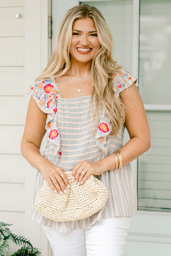 Chic Soul plus size clothing, denim and cream striped flutter sleeve square neckline top with embroidered hot pink and apricot flowers