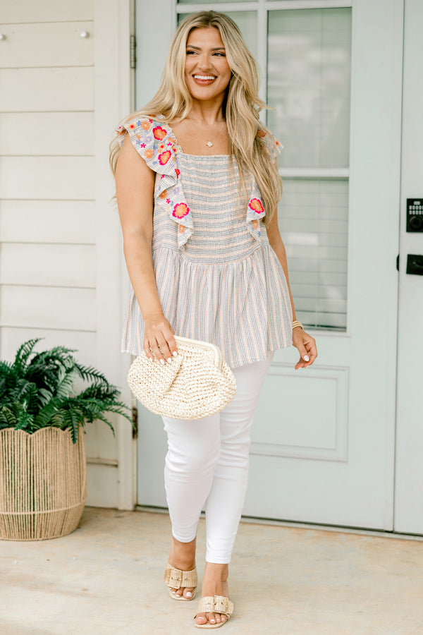 Chic Soul plus size clothing, denim and cream striped flutter sleeve square neckline top with embroidered hot pink and apricot flowers