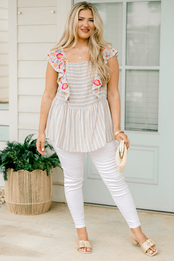 Chic Soul plus size clothing, denim and cream striped flutter sleeve square neckline top with embroidered hot pink and apricot flowers