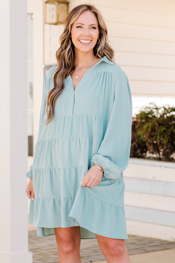 Chic Soul plus size clothing, long sleeve tiered mini dress with cuff sleeves with v neckline with collar detailing