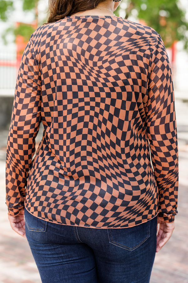 Chic Soul plus size clothing, orange and brown long sleeve mesh checkered top with mock round neckline 