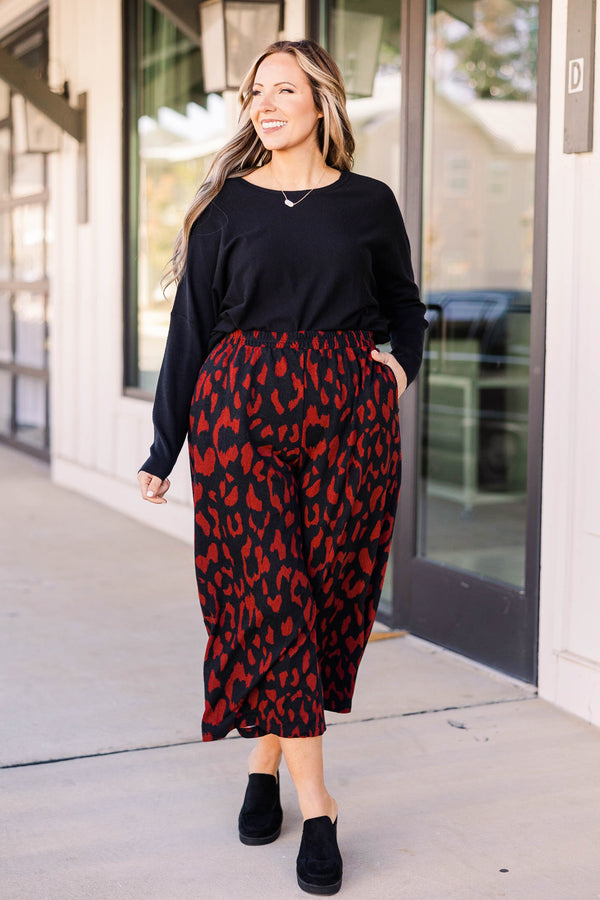 Chic Soul plus size clothing, burgundy and black leopard pattern flowy capri pants