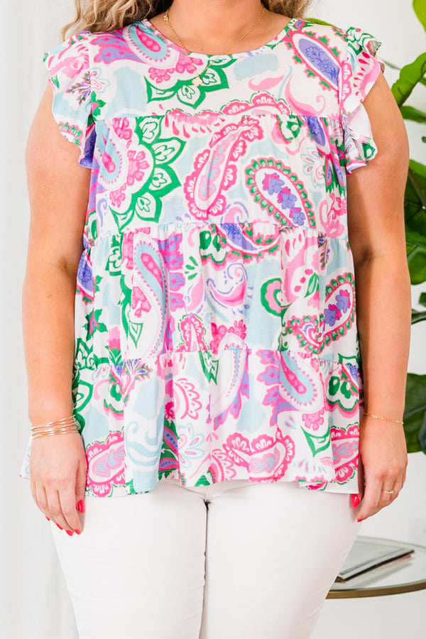 Chic Soul plus size clothing, ivory multi color babydoll top with flutter sleeves