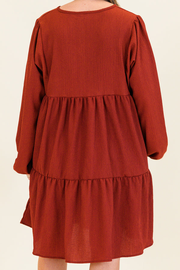 bubble-long-sleeve cinnamon rust red ruffled baby doll dress with v-neckline 