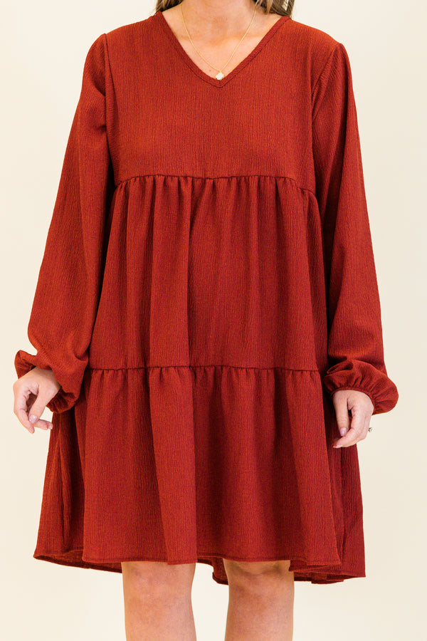 bubble-long-sleeve cinnamon rust red ruffled baby doll dress with v-neckline 