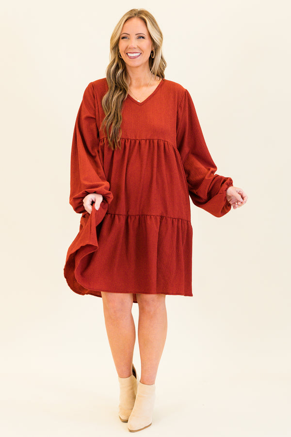 bubble-long-sleeve cinnamon rust red ruffled baby doll dress with v-neckline 
