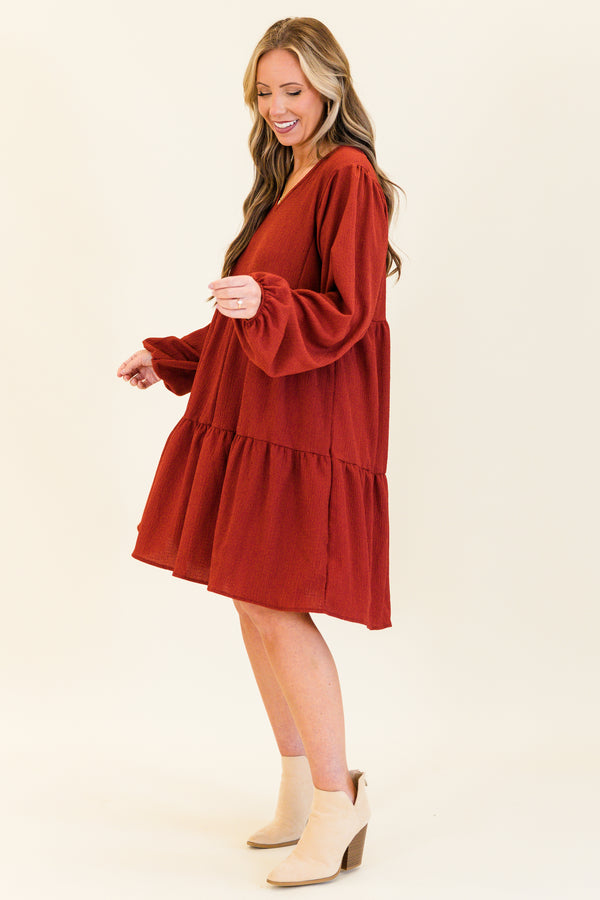 bubble-long-sleeve cinnamon rust red ruffled baby doll dress with v-neckline 