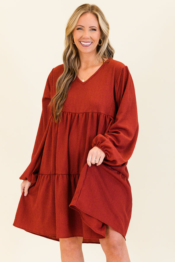bubble-long-sleeve cinnamon rust red ruffled baby doll dress with v-neckline 
