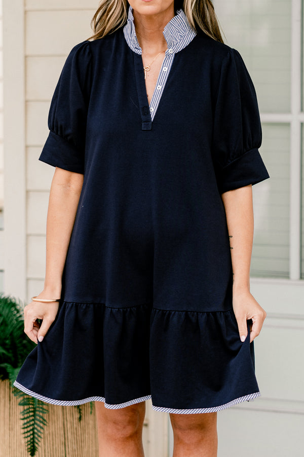 Chic Soul plus size clothing, short-sleeve navy blue short baby doll dress with a striped contrast v-neckline