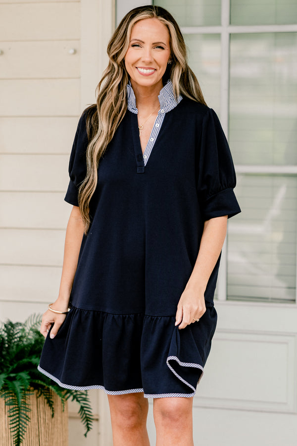 Chic Soul plus size clothing, short-sleeve navy blue short baby doll dress with a striped contrast v-neckline