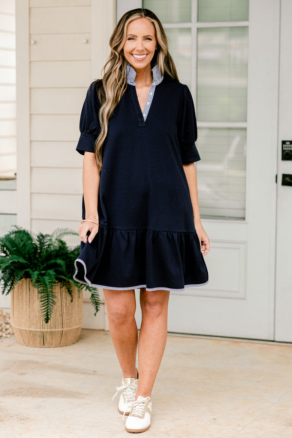 Chic Soul plus size clothing, short-sleeve navy blue short baby doll dress with a striped contrast v-neckline