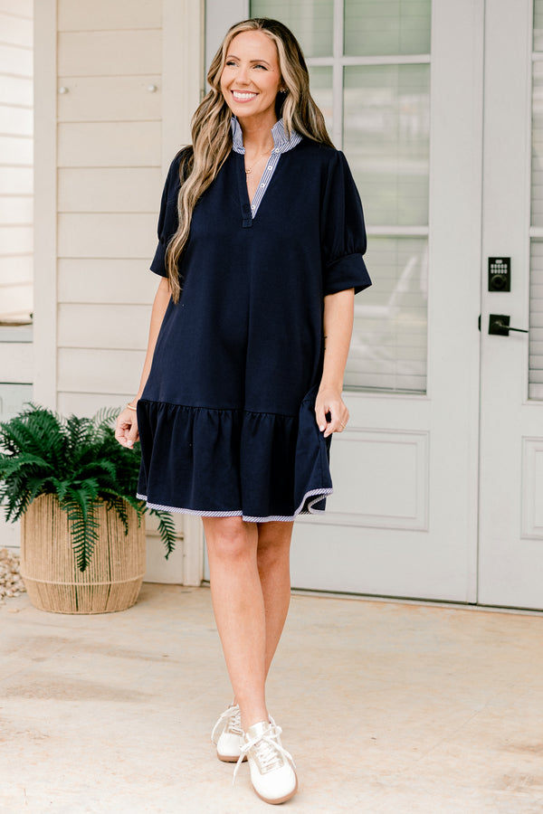 Chic Soul plus size clothing, short-sleeve navy blue short baby doll dress with a striped contrast v-neckline