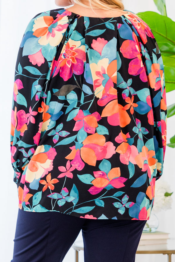 Chic Soul plus size clothing, long-sleeve black-multi-colored top with floral pattern