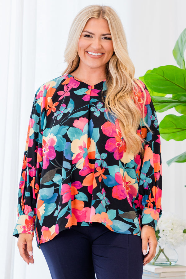 Chic Soul plus size clothing, long-sleeve black-multi-colored top with floral pattern