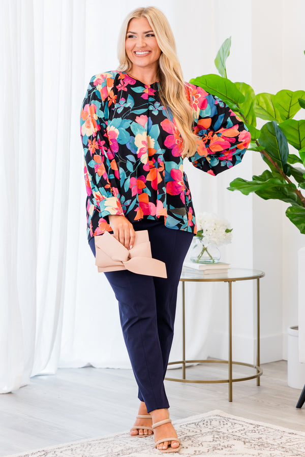 Chic Soul plus size clothing, long-sleeve black-multi-colored top with floral pattern