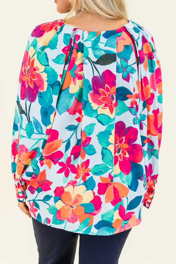 Chic Soul plus size clothing, long-sleeve blue-multi-colored top with a multi-colored floral pattern